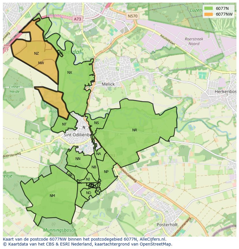 Afbeelding van het postcodegebied 6077 NW op de kaart.