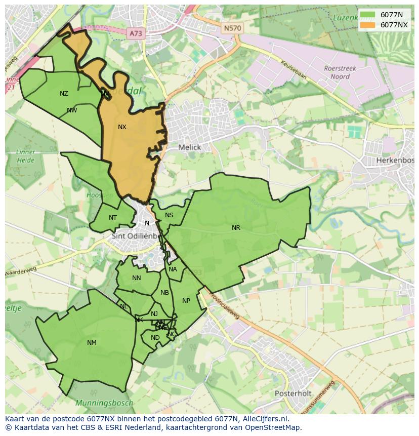 Afbeelding van het postcodegebied 6077 NX op de kaart.