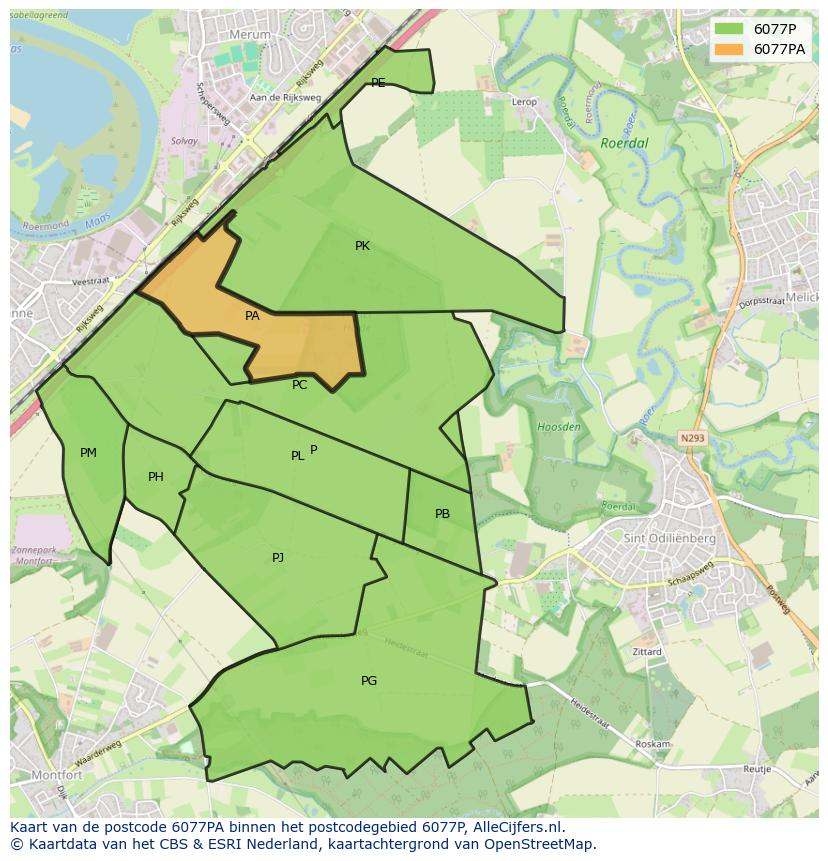 Afbeelding van het postcodegebied 6077 PA op de kaart.