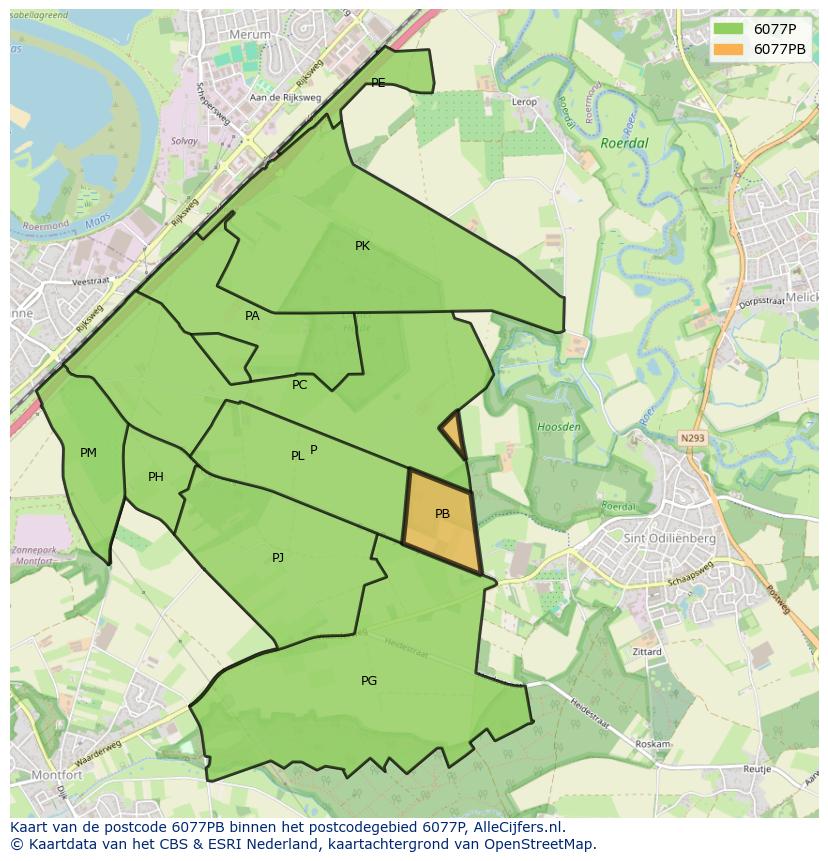 Afbeelding van het postcodegebied 6077 PB op de kaart.