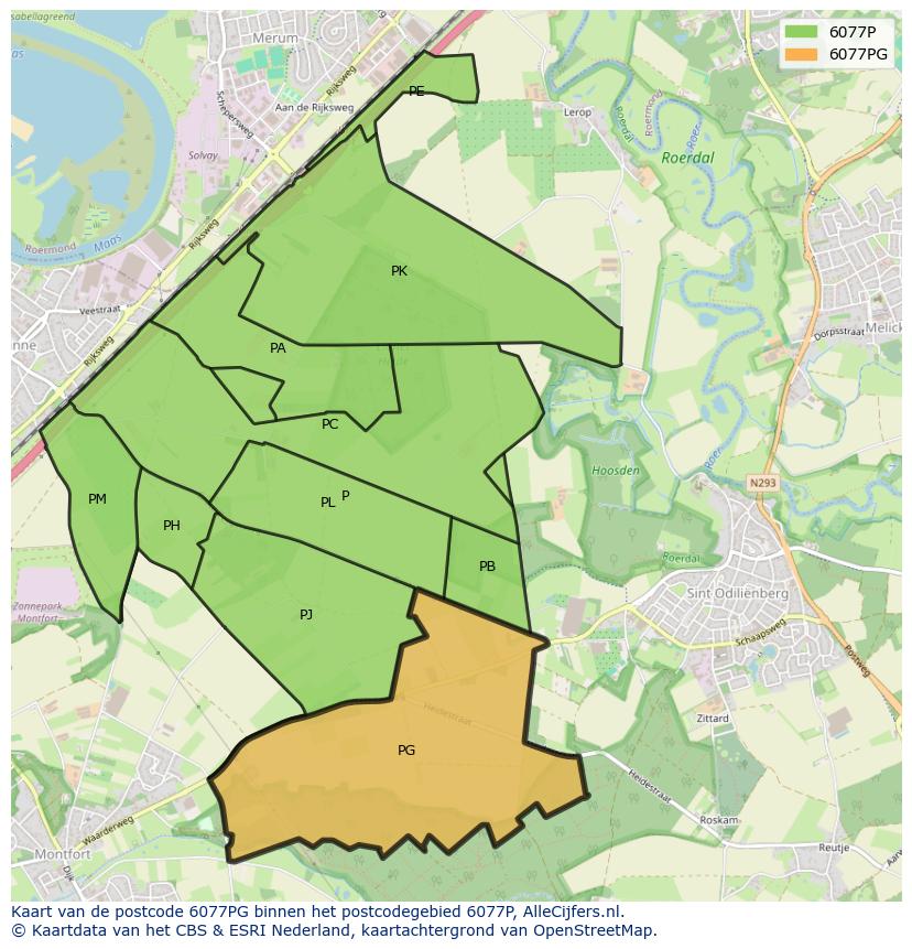 Afbeelding van het postcodegebied 6077 PG op de kaart.