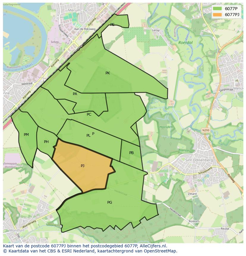 Afbeelding van het postcodegebied 6077 PJ op de kaart.