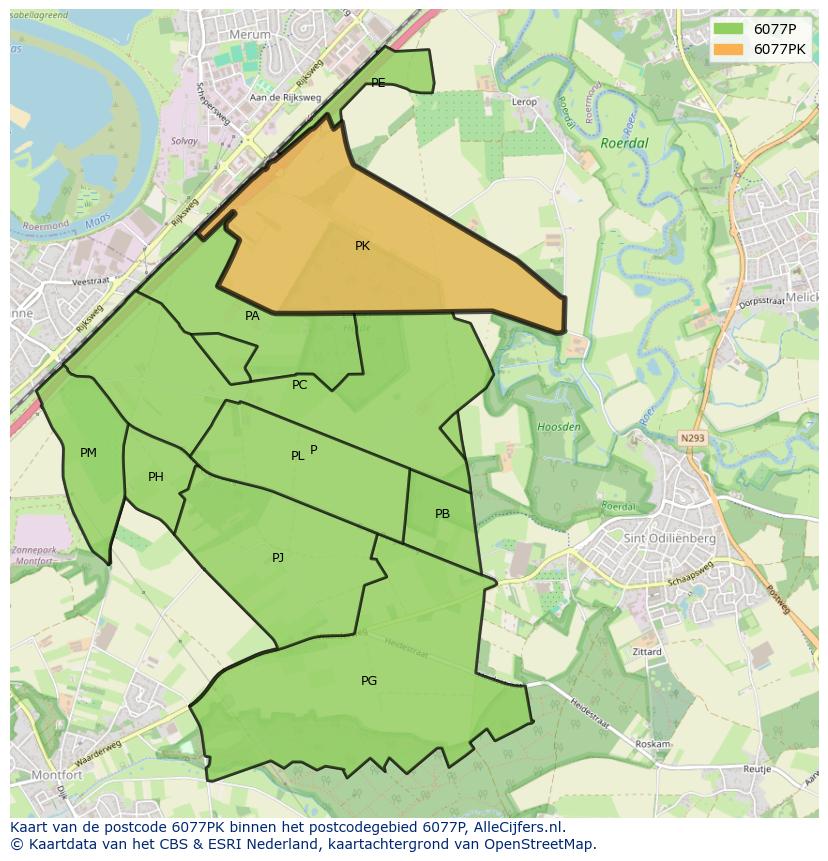 Afbeelding van het postcodegebied 6077 PK op de kaart.
