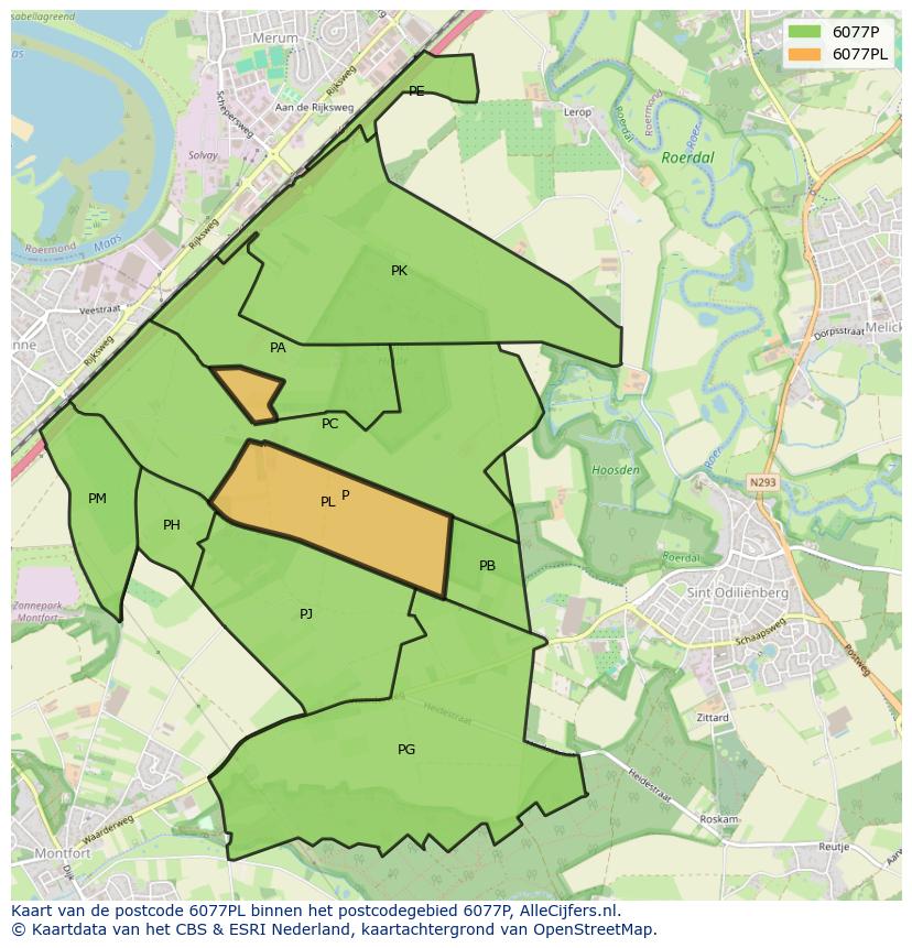 Afbeelding van het postcodegebied 6077 PL op de kaart.
