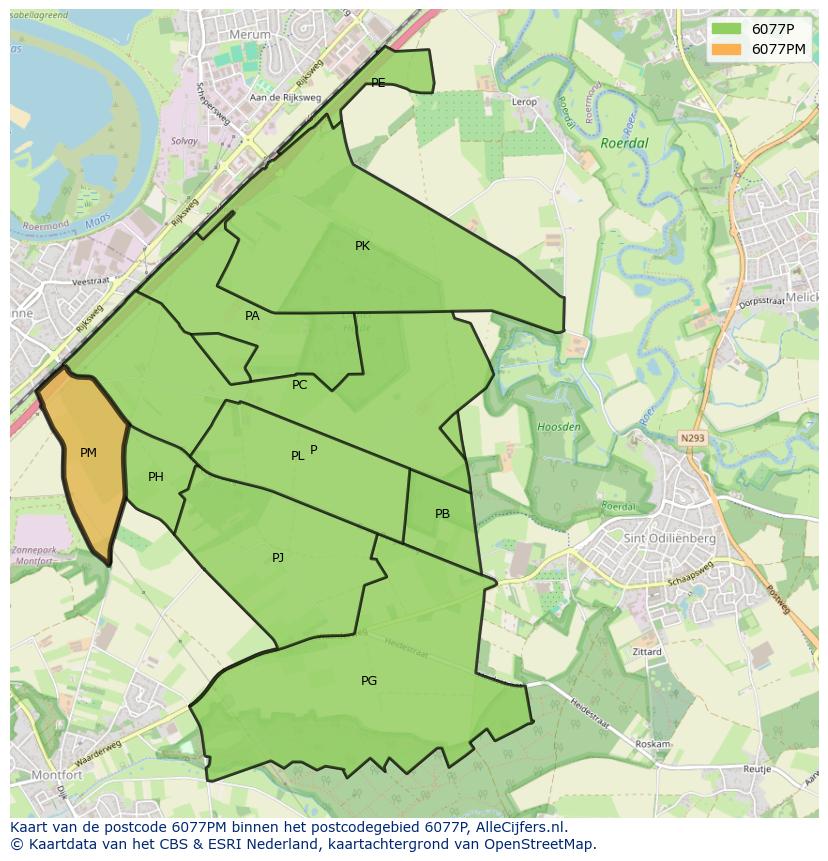 Afbeelding van het postcodegebied 6077 PM op de kaart.