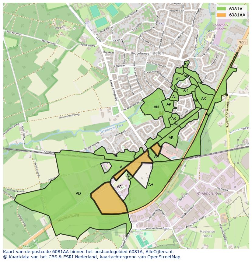 Afbeelding van het postcodegebied 6081 AA op de kaart.