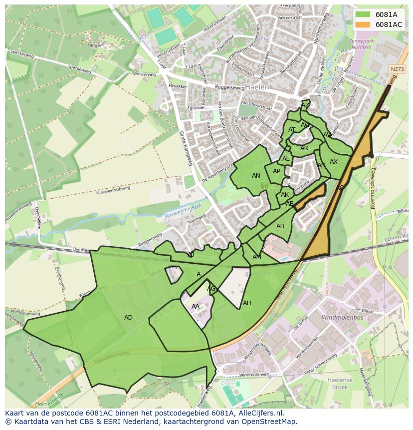 Afbeelding van het postcodegebied 6081 AC op de kaart.