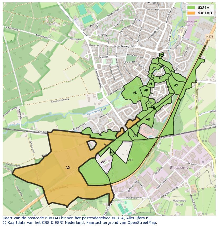 Afbeelding van het postcodegebied 6081 AD op de kaart.