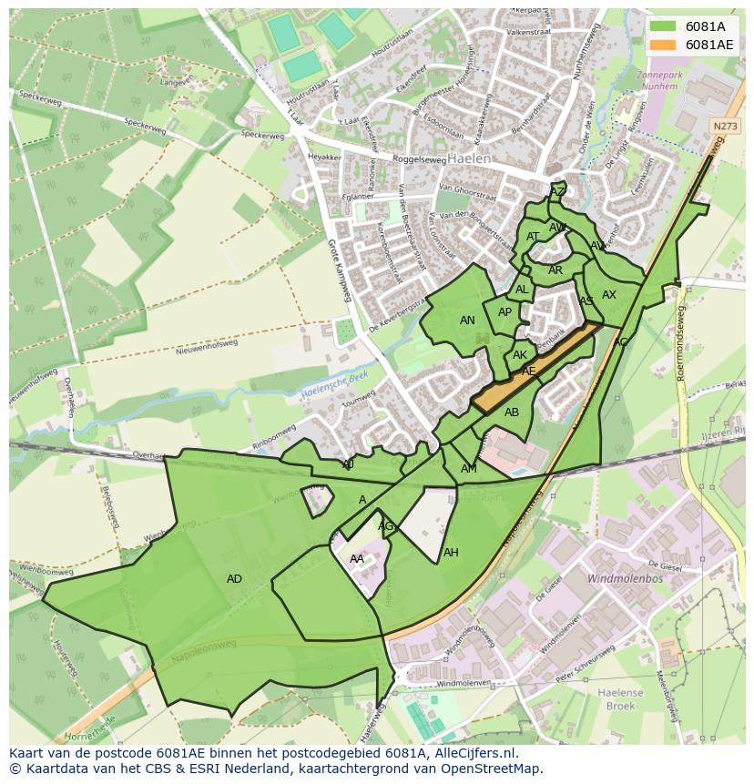Afbeelding van het postcodegebied 6081 AE op de kaart.
