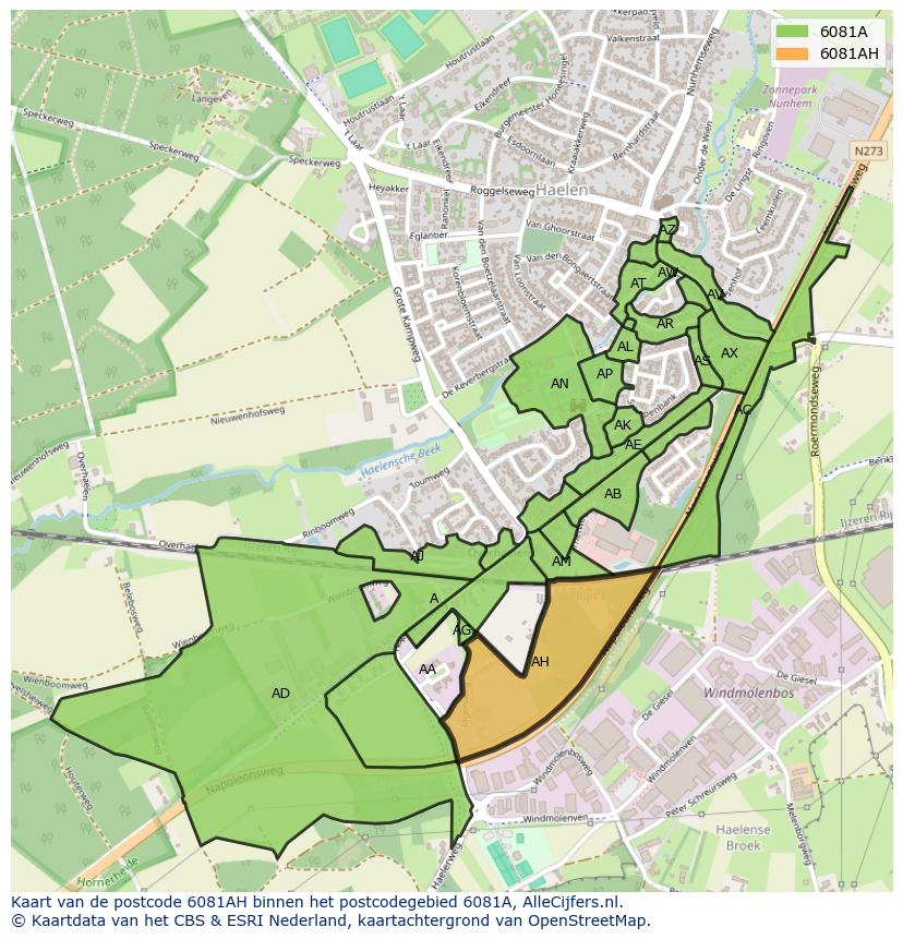 Afbeelding van het postcodegebied 6081 AH op de kaart.
