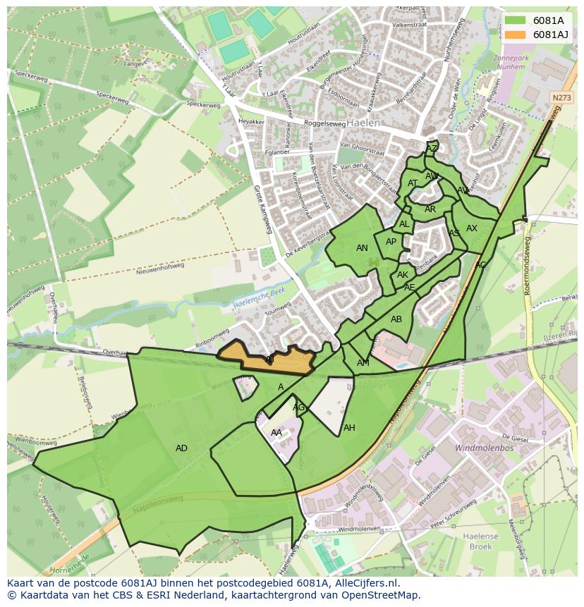 Afbeelding van het postcodegebied 6081 AJ op de kaart.
