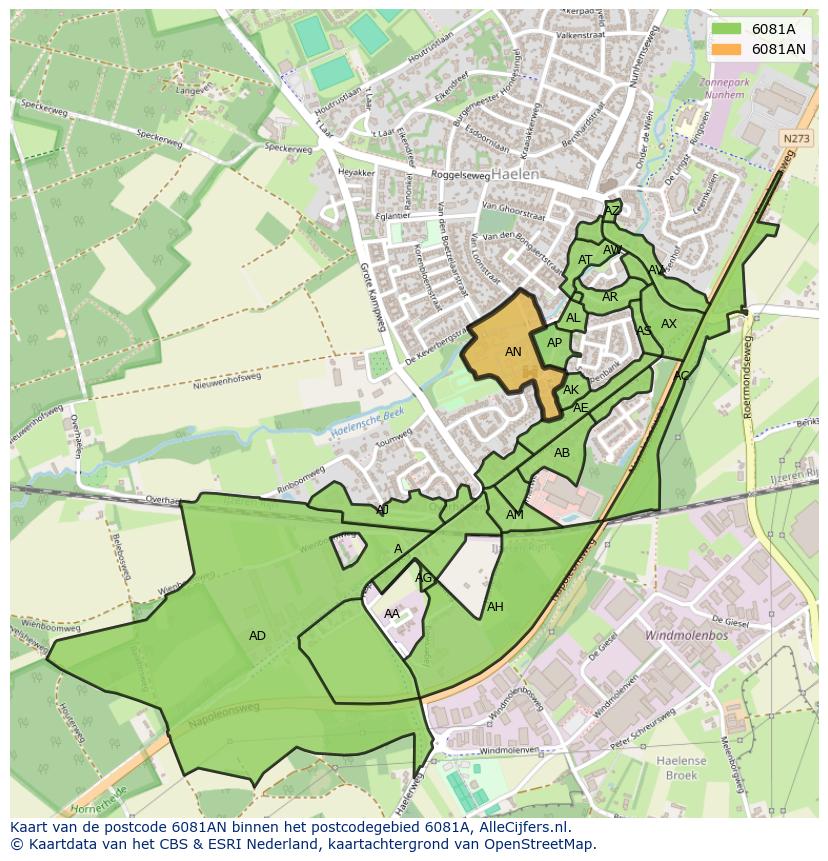 Afbeelding van het postcodegebied 6081 AN op de kaart.