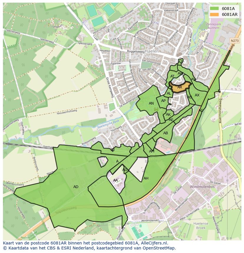 Afbeelding van het postcodegebied 6081 AR op de kaart.