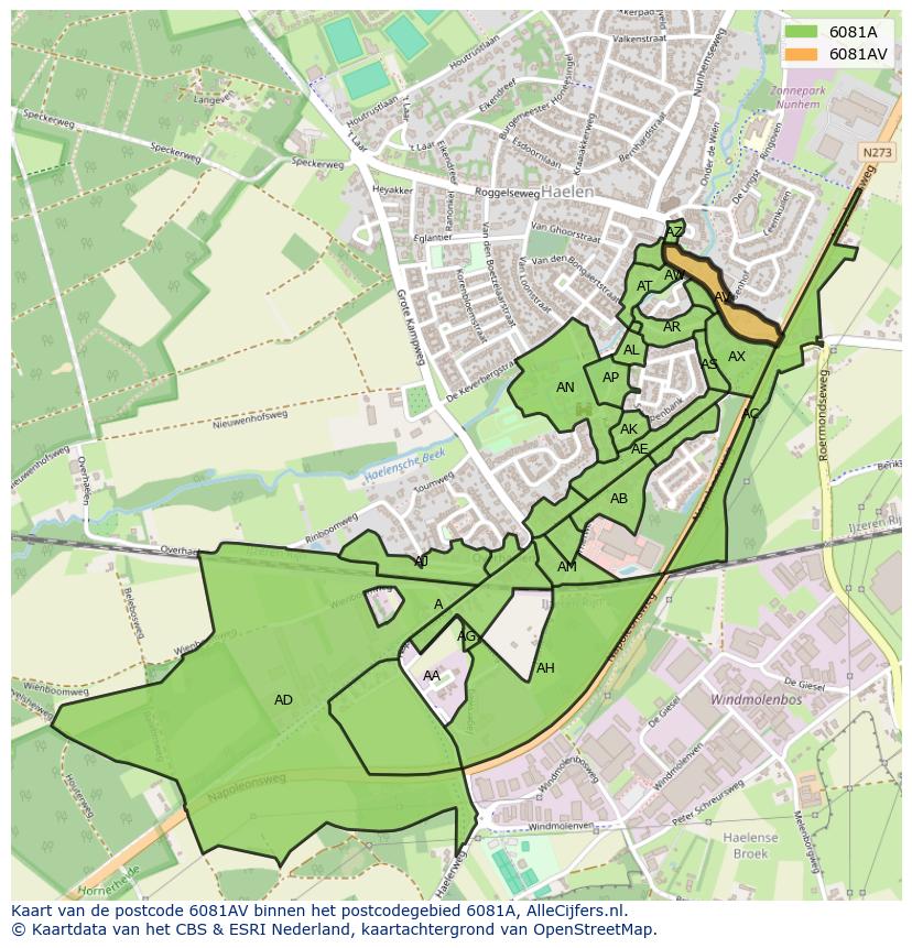 Afbeelding van het postcodegebied 6081 AV op de kaart.