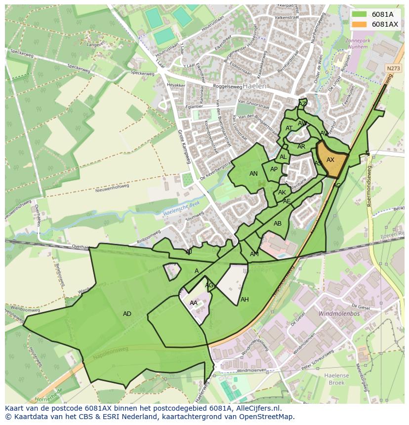 Afbeelding van het postcodegebied 6081 AX op de kaart.