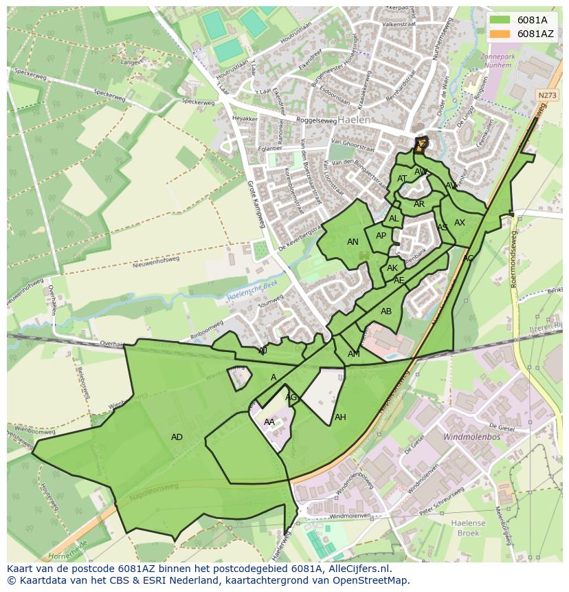Afbeelding van het postcodegebied 6081 AZ op de kaart.