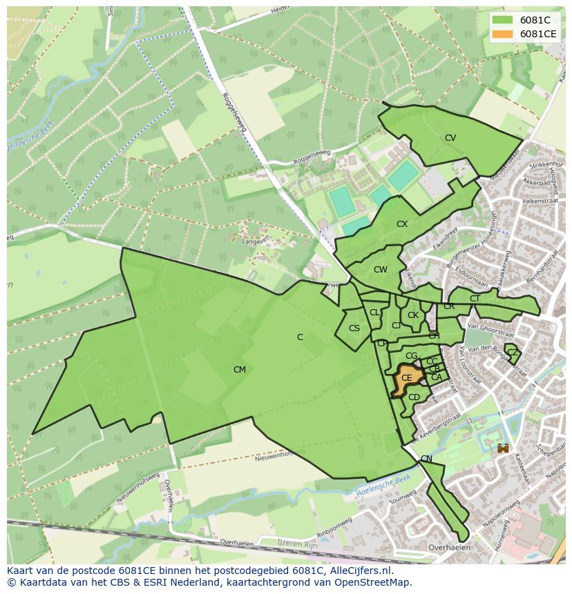 Afbeelding van het postcodegebied 6081 CE op de kaart.
