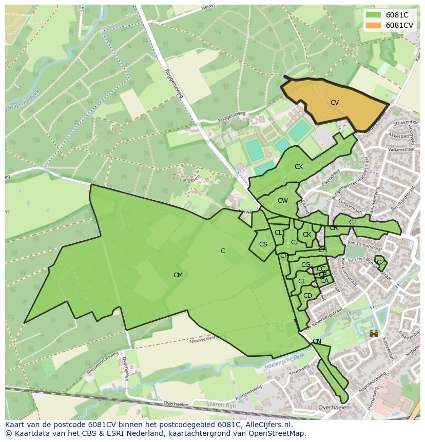 Afbeelding van het postcodegebied 6081 CV op de kaart.