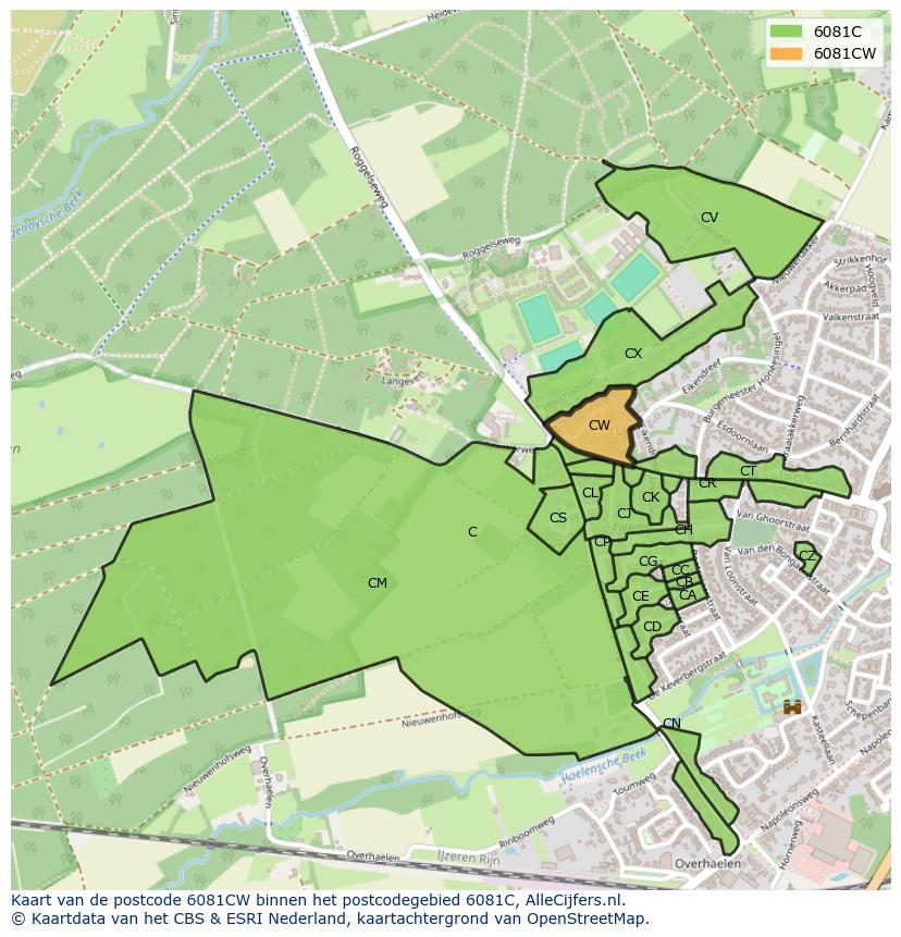 Afbeelding van het postcodegebied 6081 CW op de kaart.