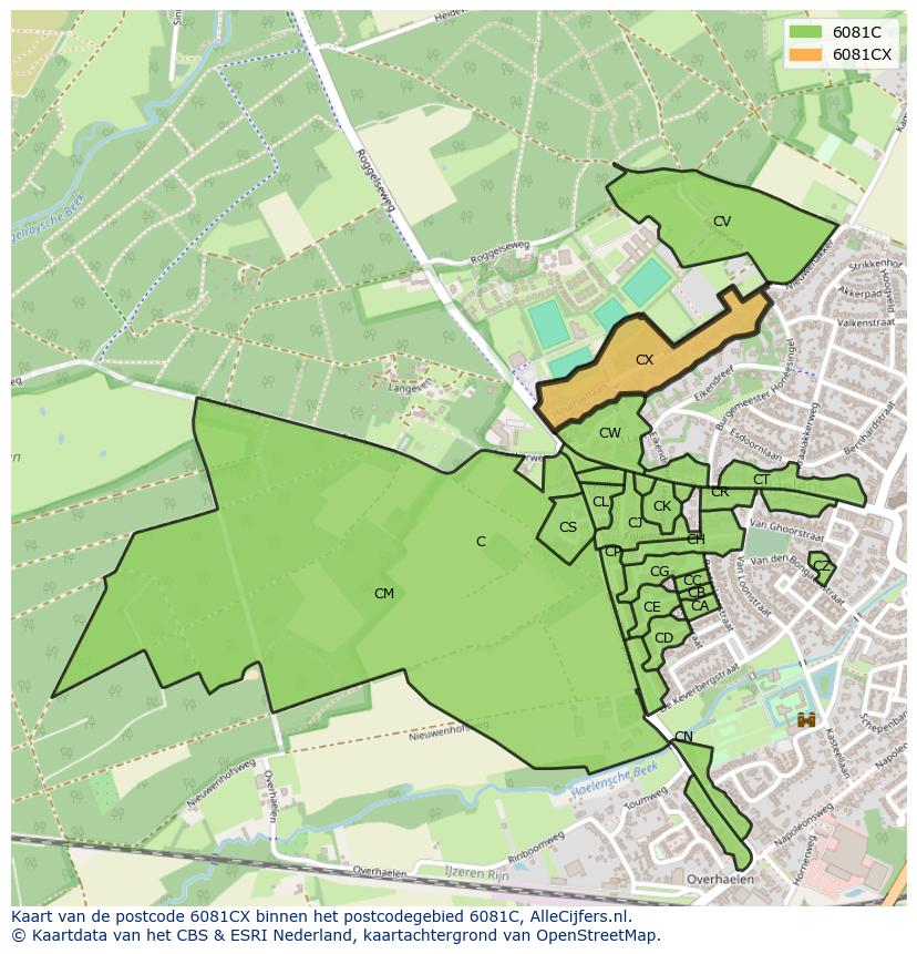 Afbeelding van het postcodegebied 6081 CX op de kaart.