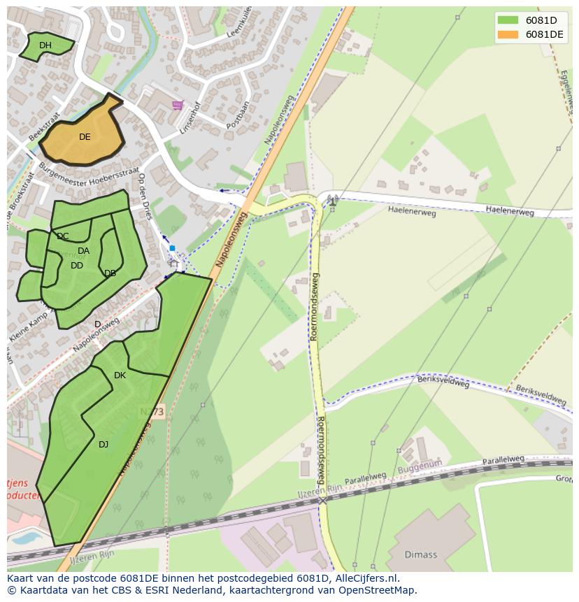 Afbeelding van het postcodegebied 6081 DE op de kaart.