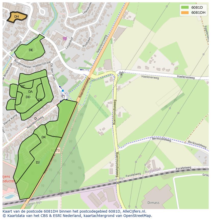 Afbeelding van het postcodegebied 6081 DH op de kaart.