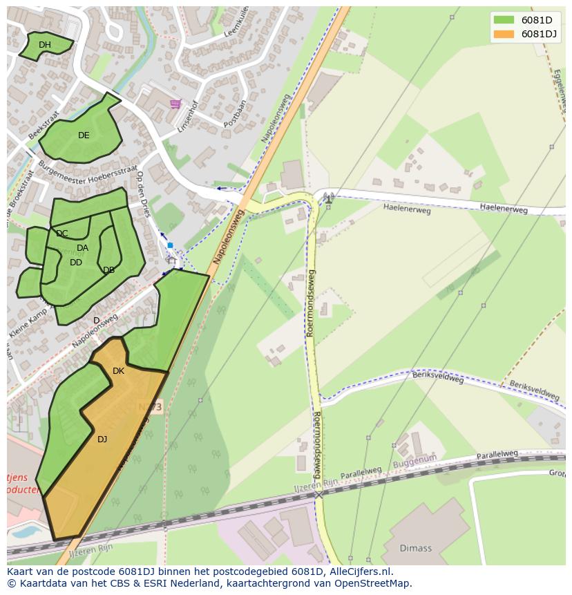 Afbeelding van het postcodegebied 6081 DJ op de kaart.