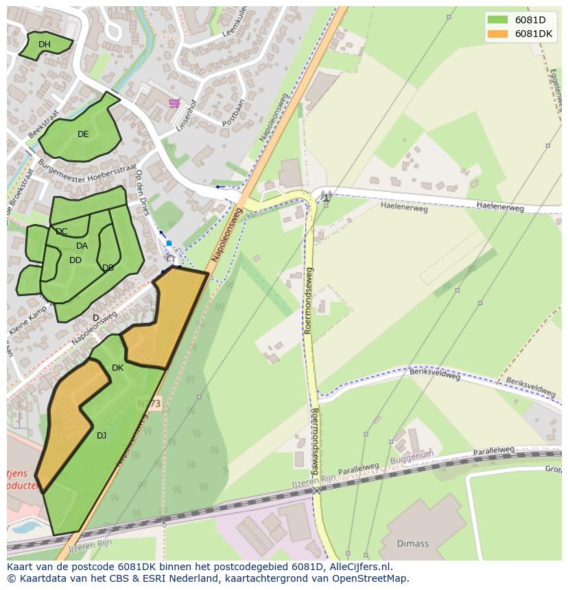 Afbeelding van het postcodegebied 6081 DK op de kaart.