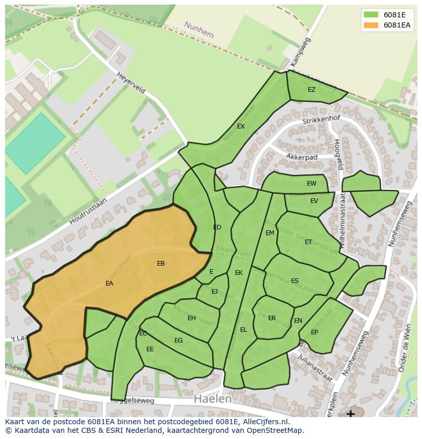 Afbeelding van het postcodegebied 6081 EA op de kaart.