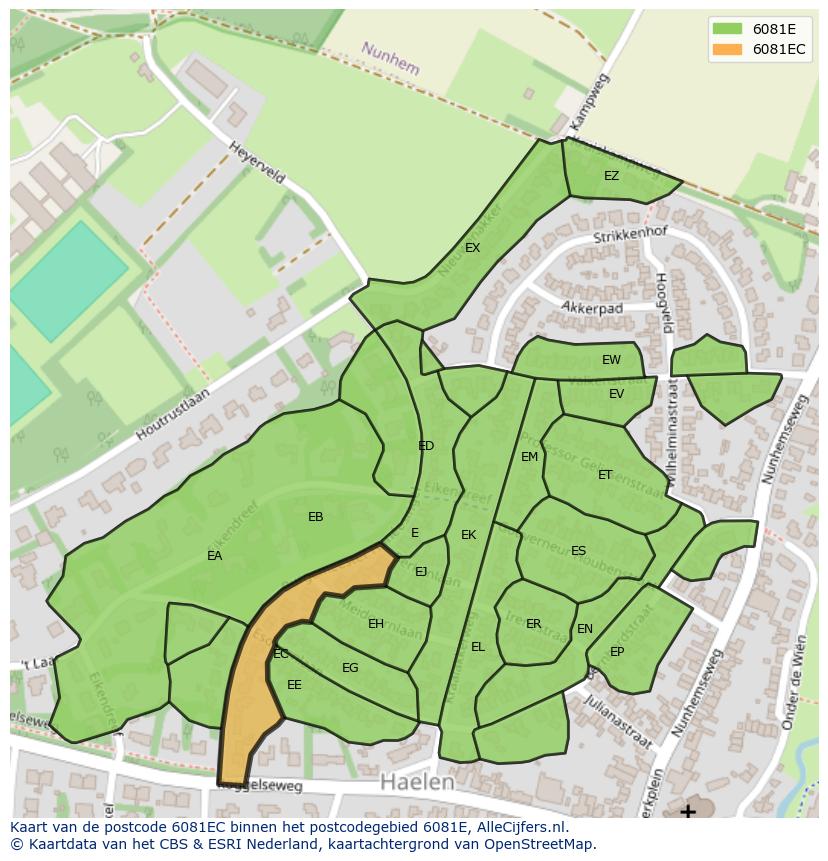 Afbeelding van het postcodegebied 6081 EC op de kaart.