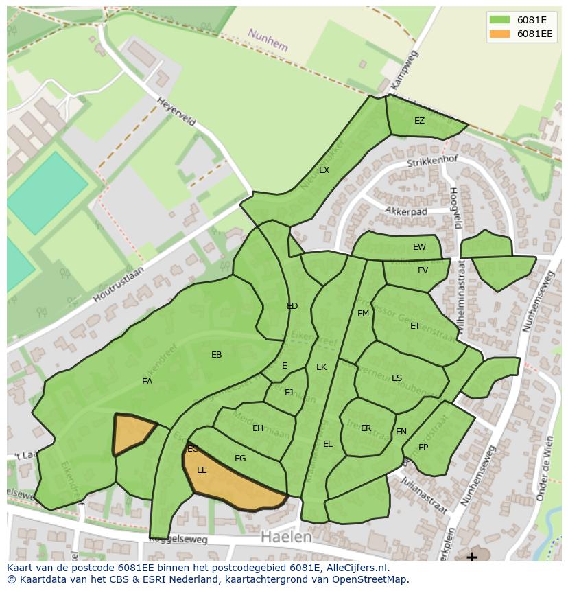 Afbeelding van het postcodegebied 6081 EE op de kaart.