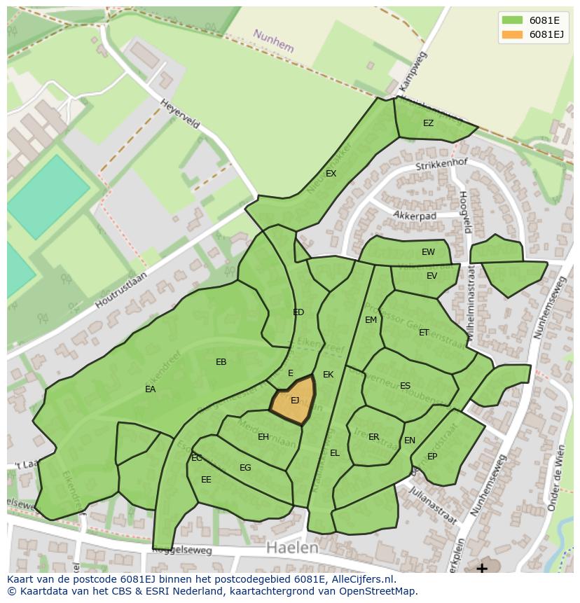Afbeelding van het postcodegebied 6081 EJ op de kaart.