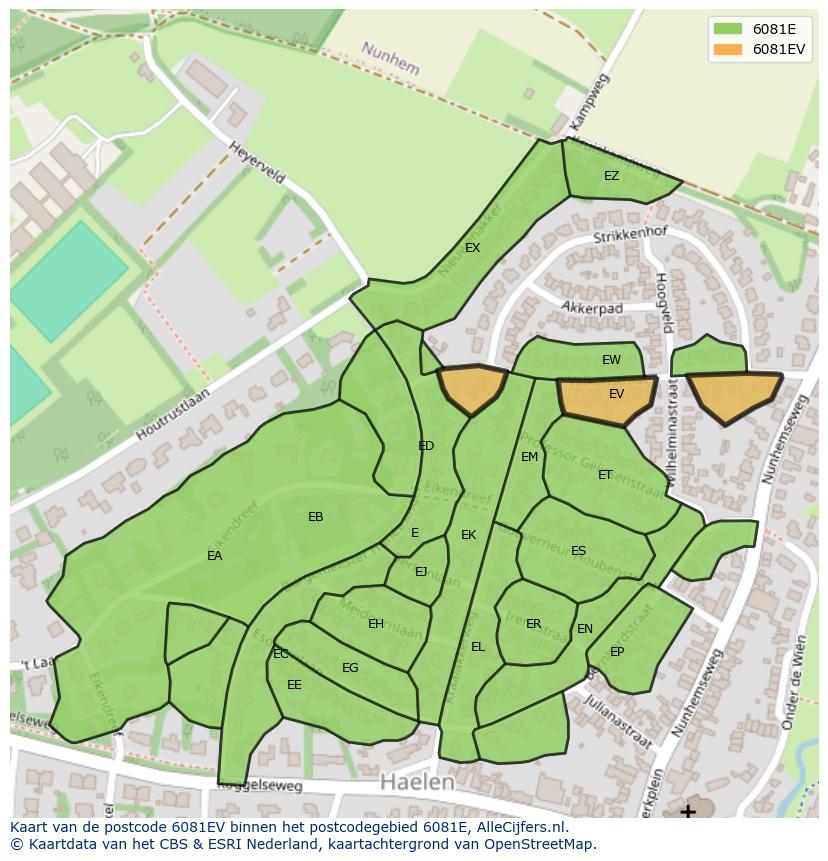 Afbeelding van het postcodegebied 6081 EV op de kaart.