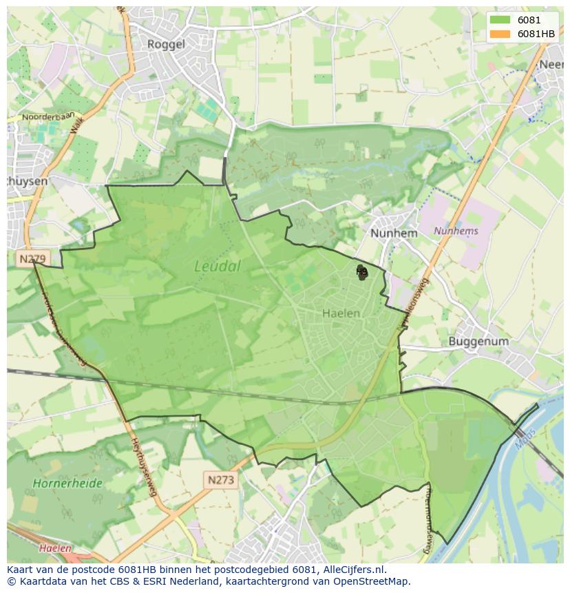 Afbeelding van het postcodegebied 6081 HB op de kaart.