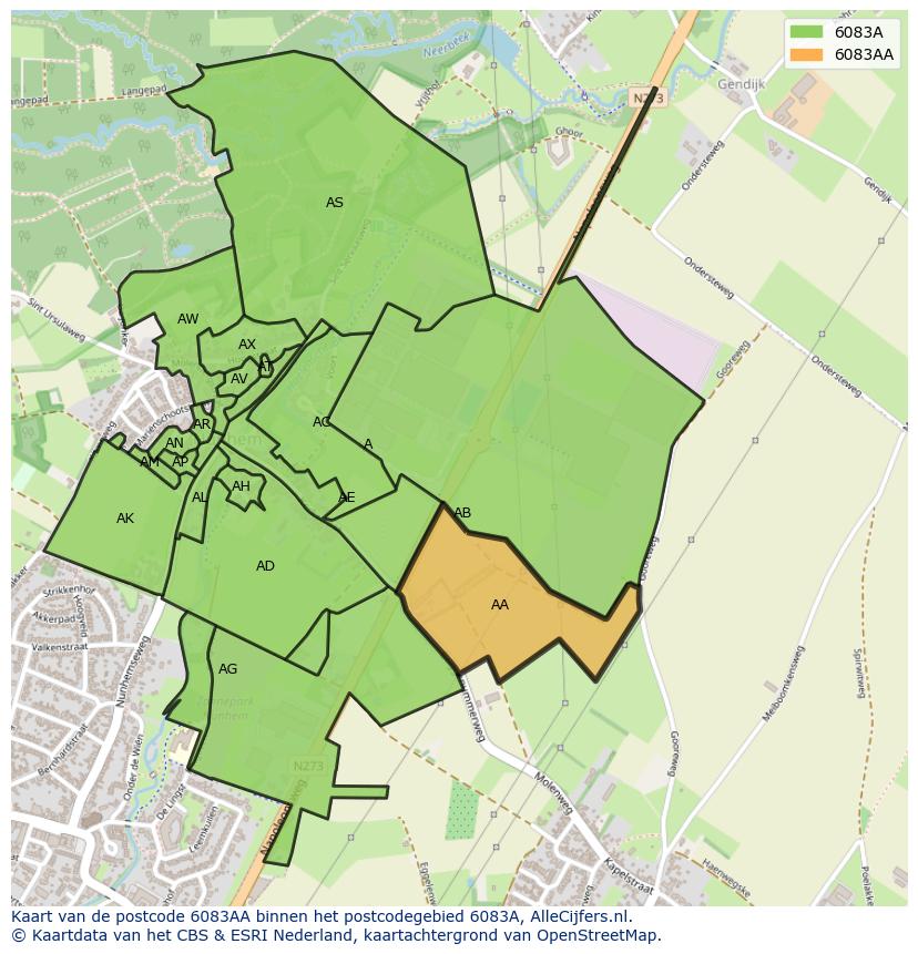 Afbeelding van het postcodegebied 6083 AA op de kaart.