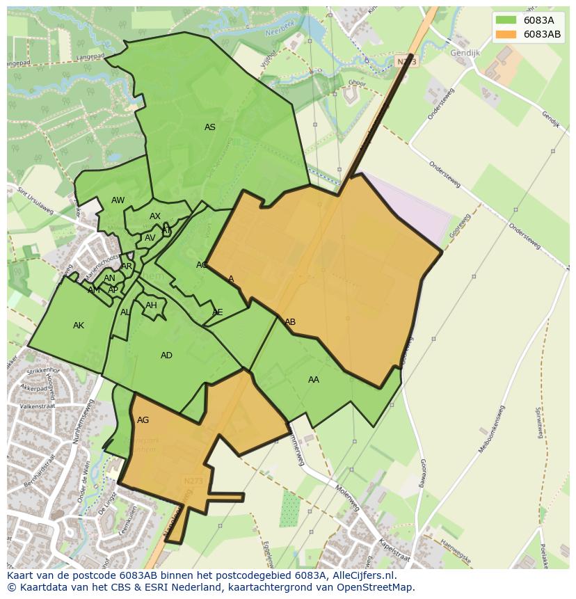 Afbeelding van het postcodegebied 6083 AB op de kaart.