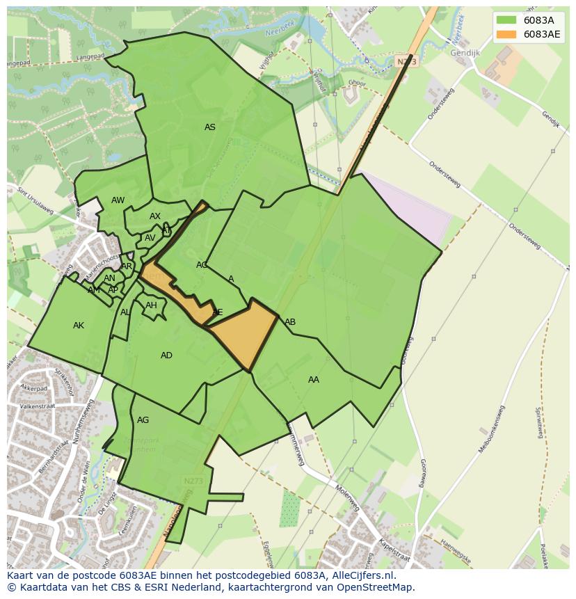 Afbeelding van het postcodegebied 6083 AE op de kaart.