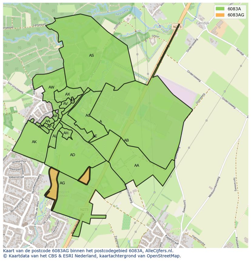 Afbeelding van het postcodegebied 6083 AG op de kaart.