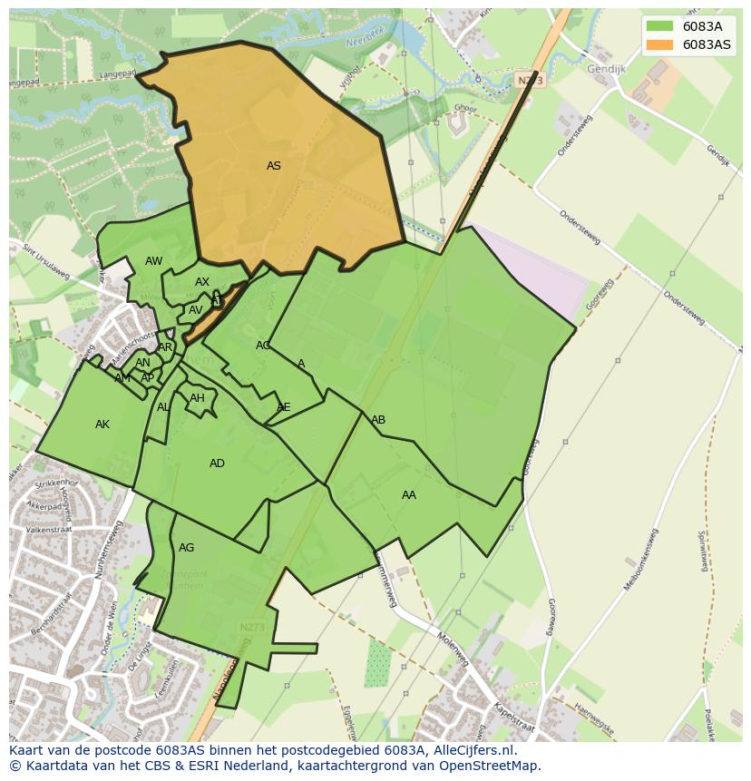 Afbeelding van het postcodegebied 6083 AS op de kaart.