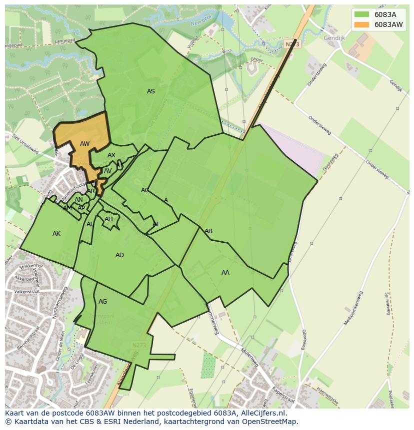 Afbeelding van het postcodegebied 6083 AW op de kaart.