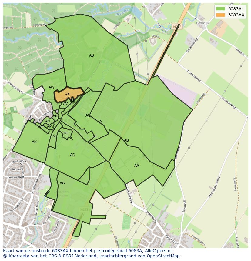 Afbeelding van het postcodegebied 6083 AX op de kaart.