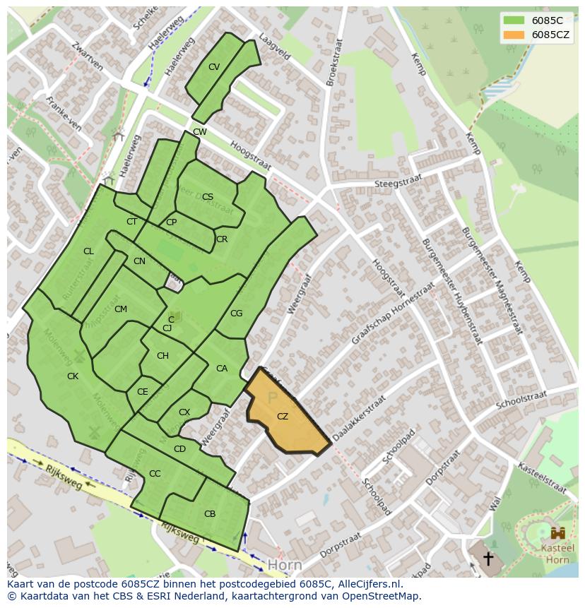 Afbeelding van het postcodegebied 6085 CZ op de kaart.