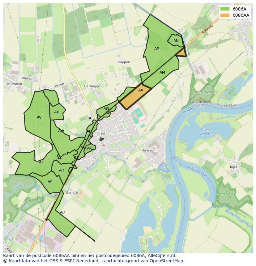 Afbeelding van het postcodegebied 6086 AA op de kaart.