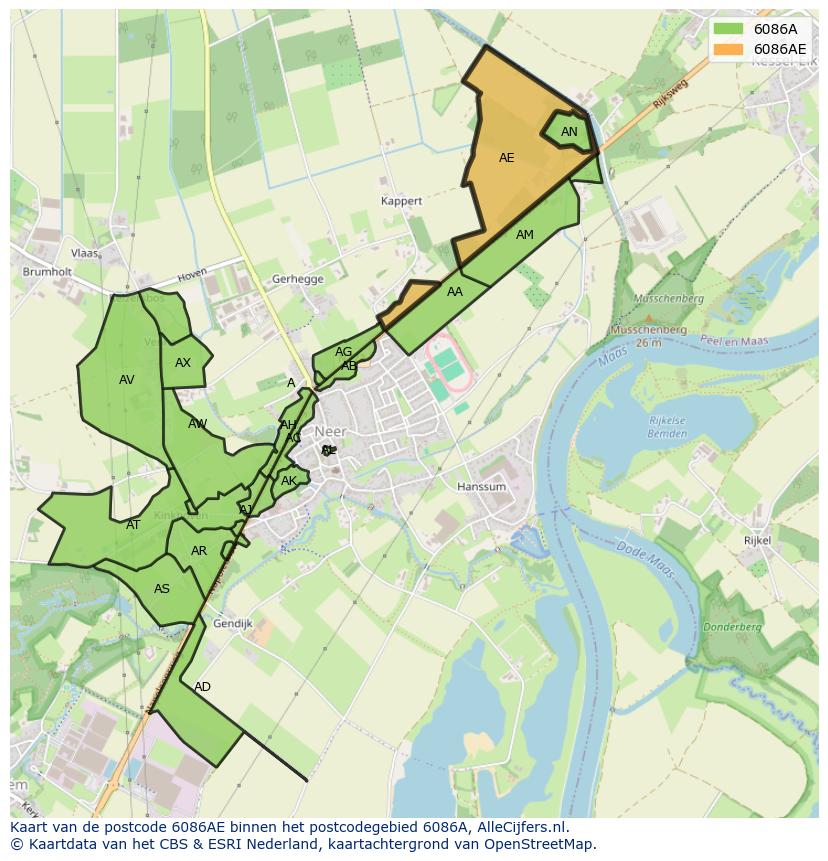 Afbeelding van het postcodegebied 6086 AE op de kaart.