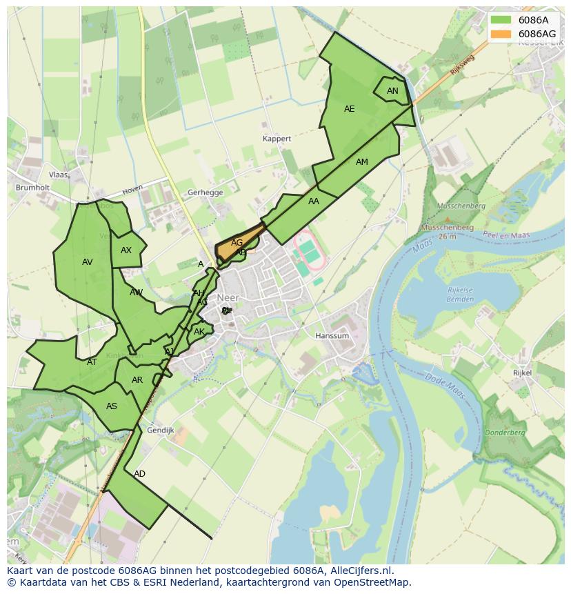 Afbeelding van het postcodegebied 6086 AG op de kaart.