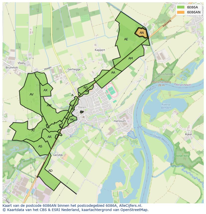 Afbeelding van het postcodegebied 6086 AN op de kaart.