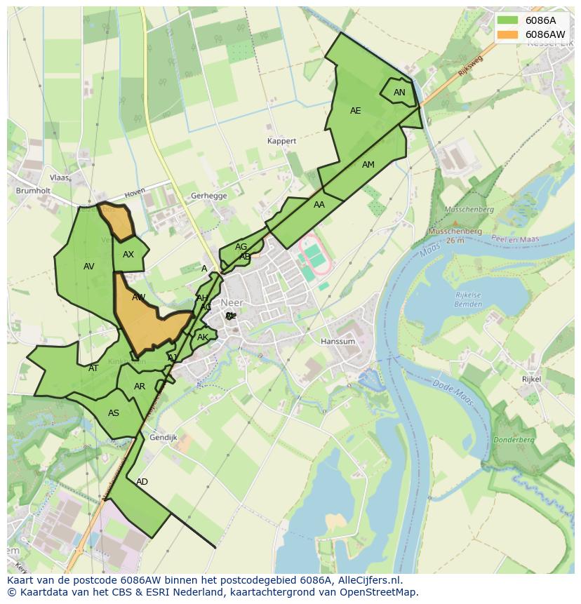 Afbeelding van het postcodegebied 6086 AW op de kaart.