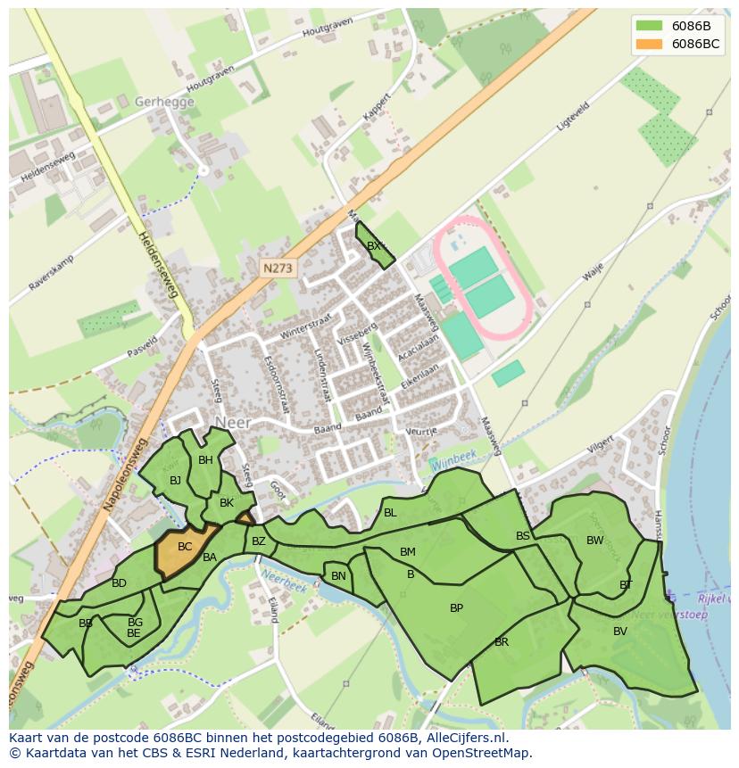 Afbeelding van het postcodegebied 6086 BC op de kaart.