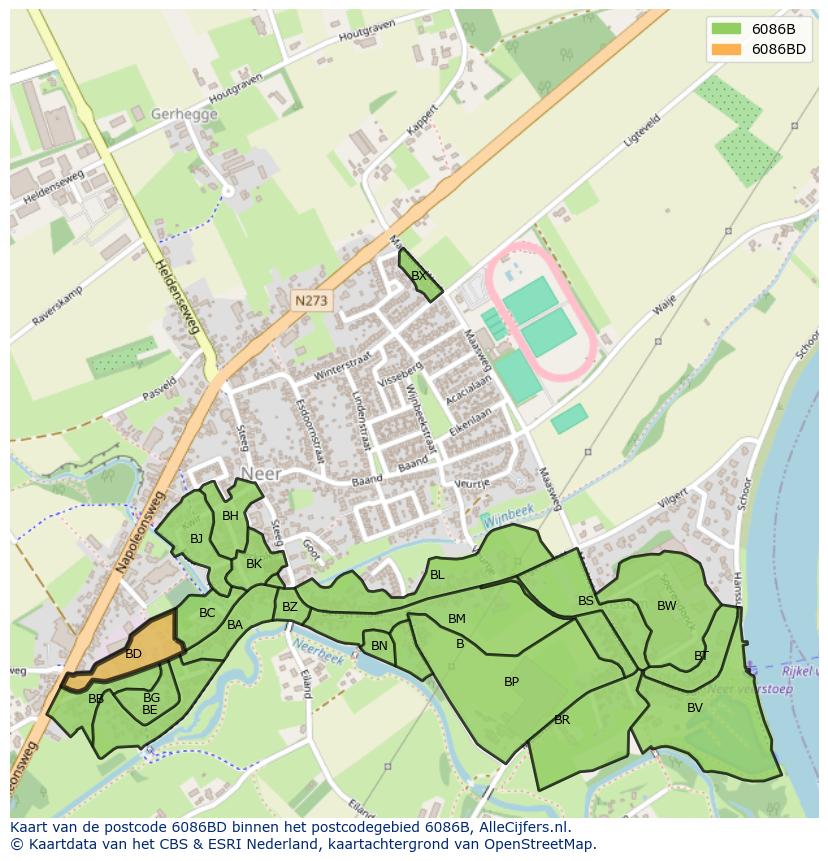 Afbeelding van het postcodegebied 6086 BD op de kaart.