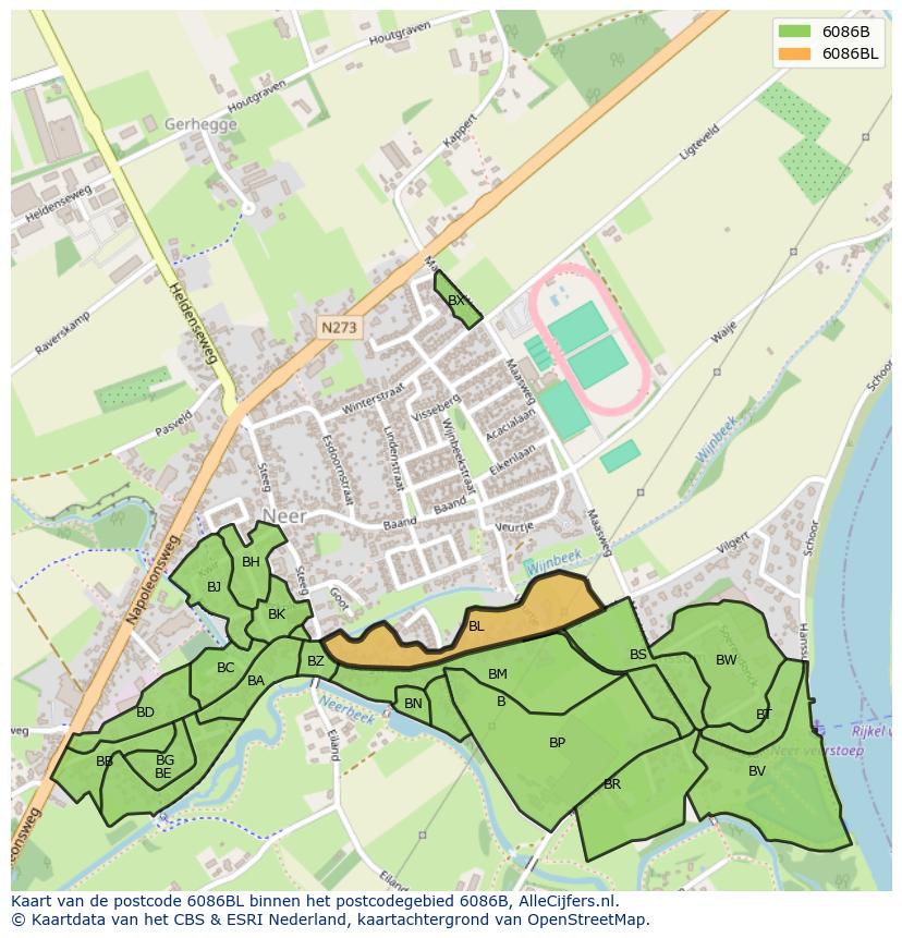 Afbeelding van het postcodegebied 6086 BL op de kaart.